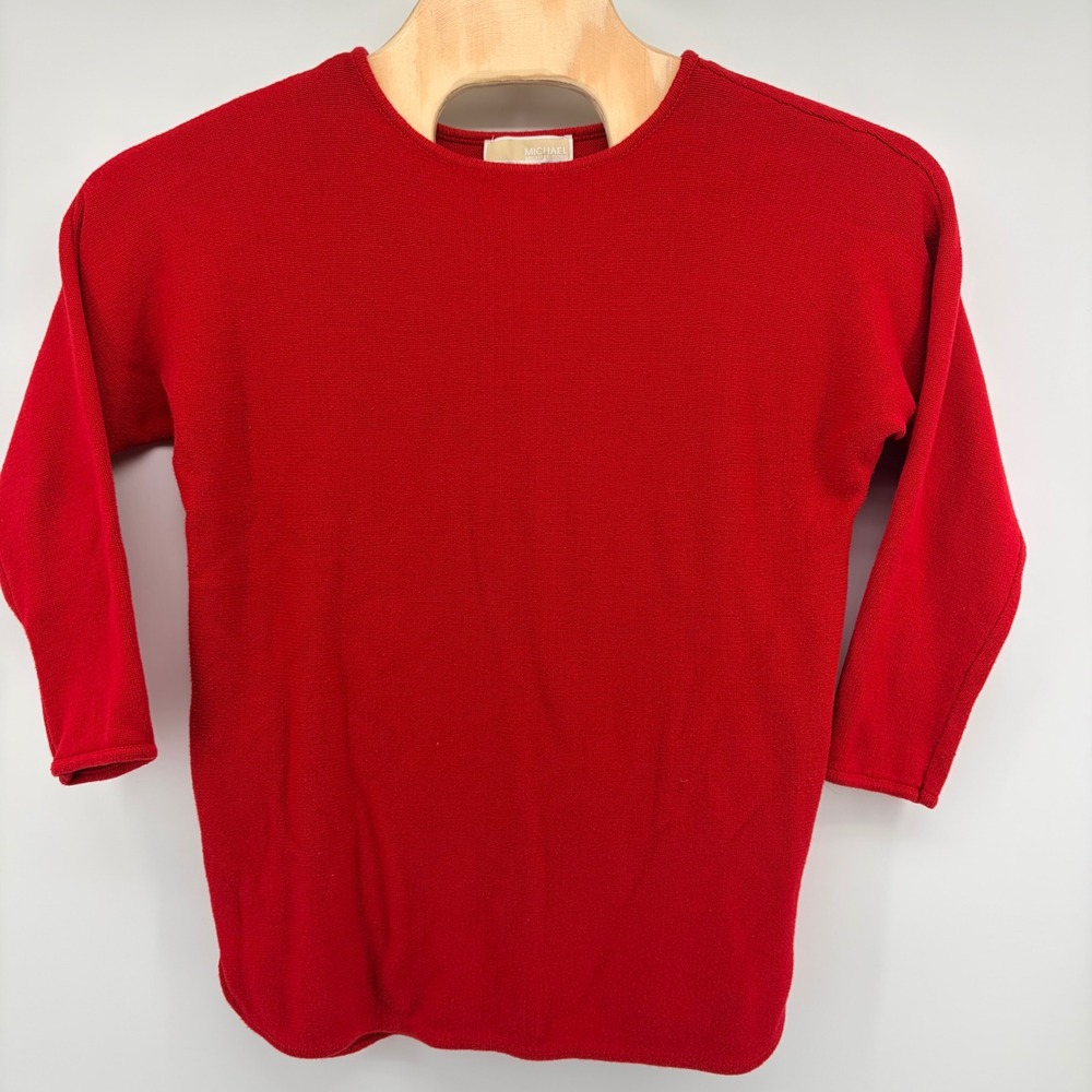 Michael Kors Sweater Womens Large Red Side Zip 3/4 Sleeve Cotton Blend Knit Top